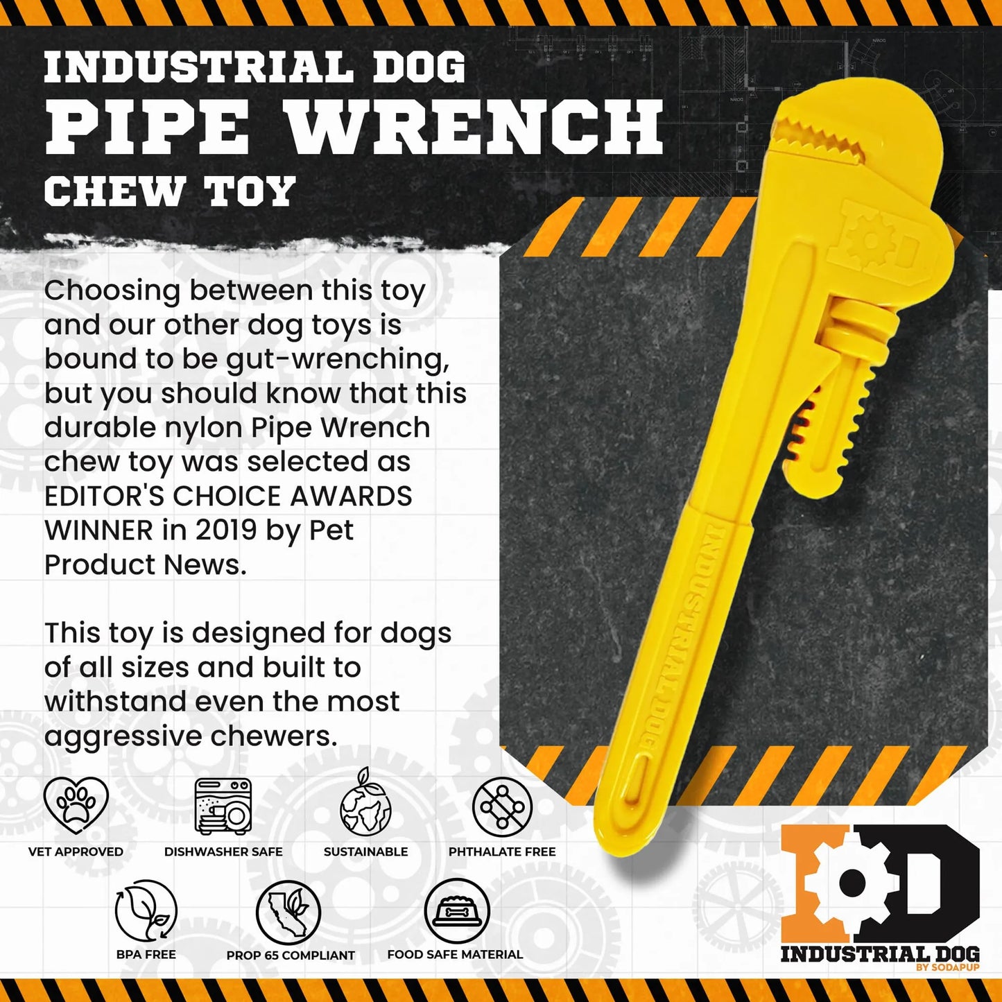 ID Pipe Wrench Ultra Durable Nylon Dog Chew Toy for Aggressive Chewers
