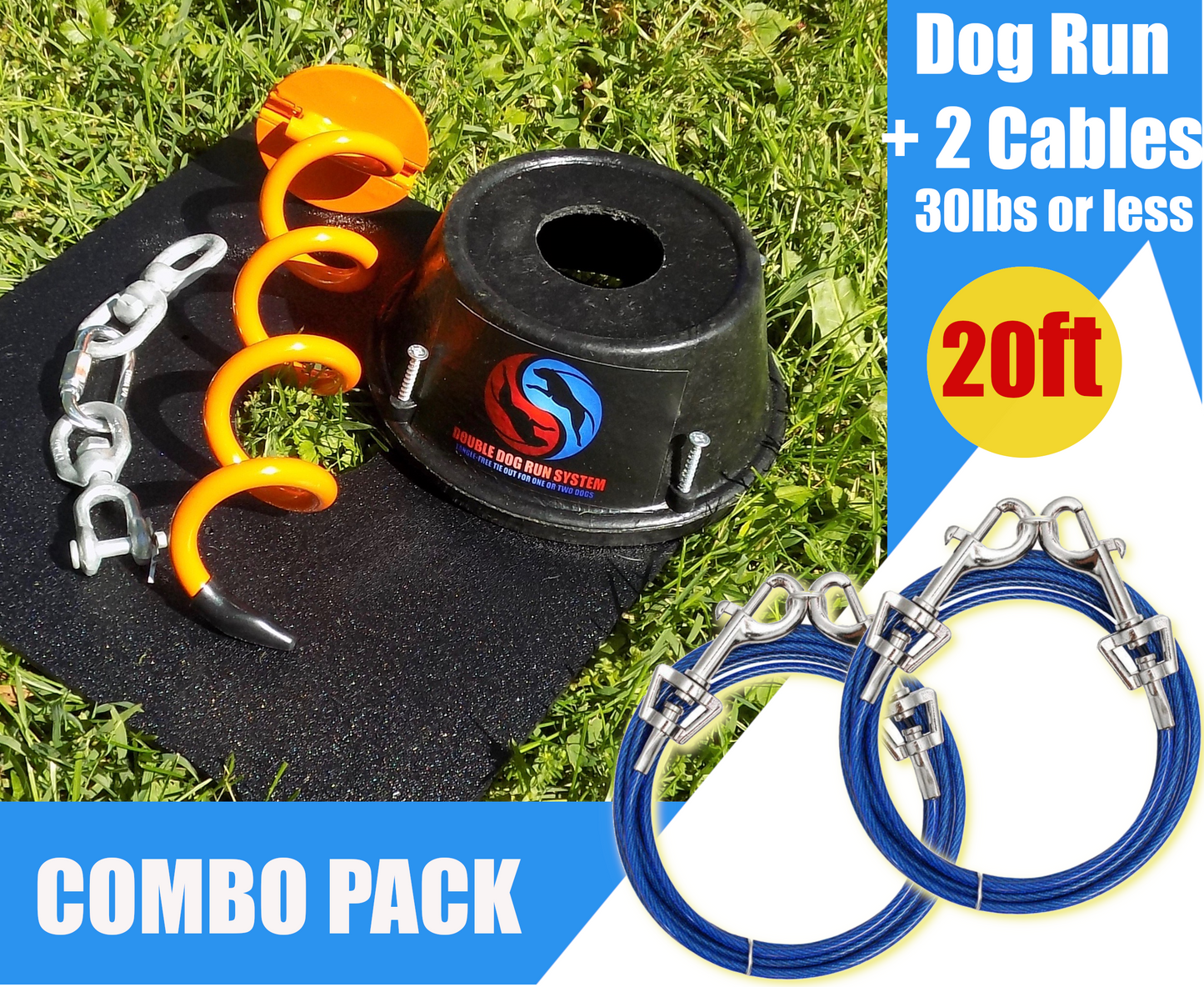 Small double dog run system with 20 foot dog tie out cables