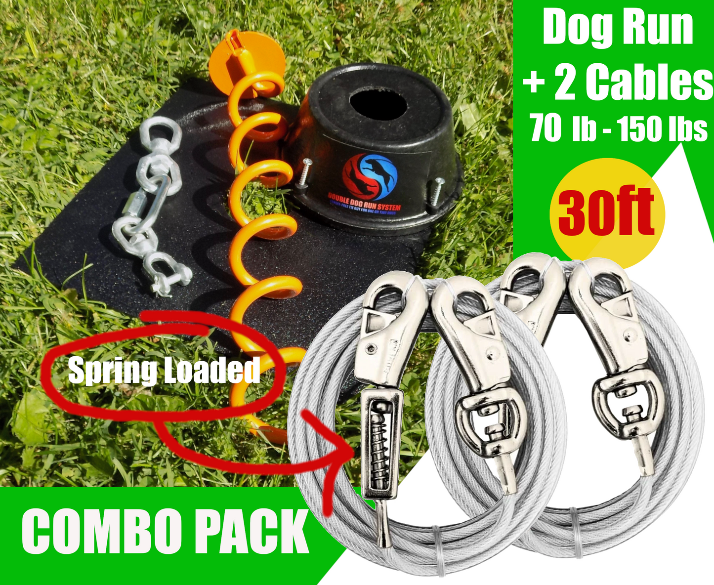 double dog run with 30ft dog tie out cables with sprin loaded clasps
