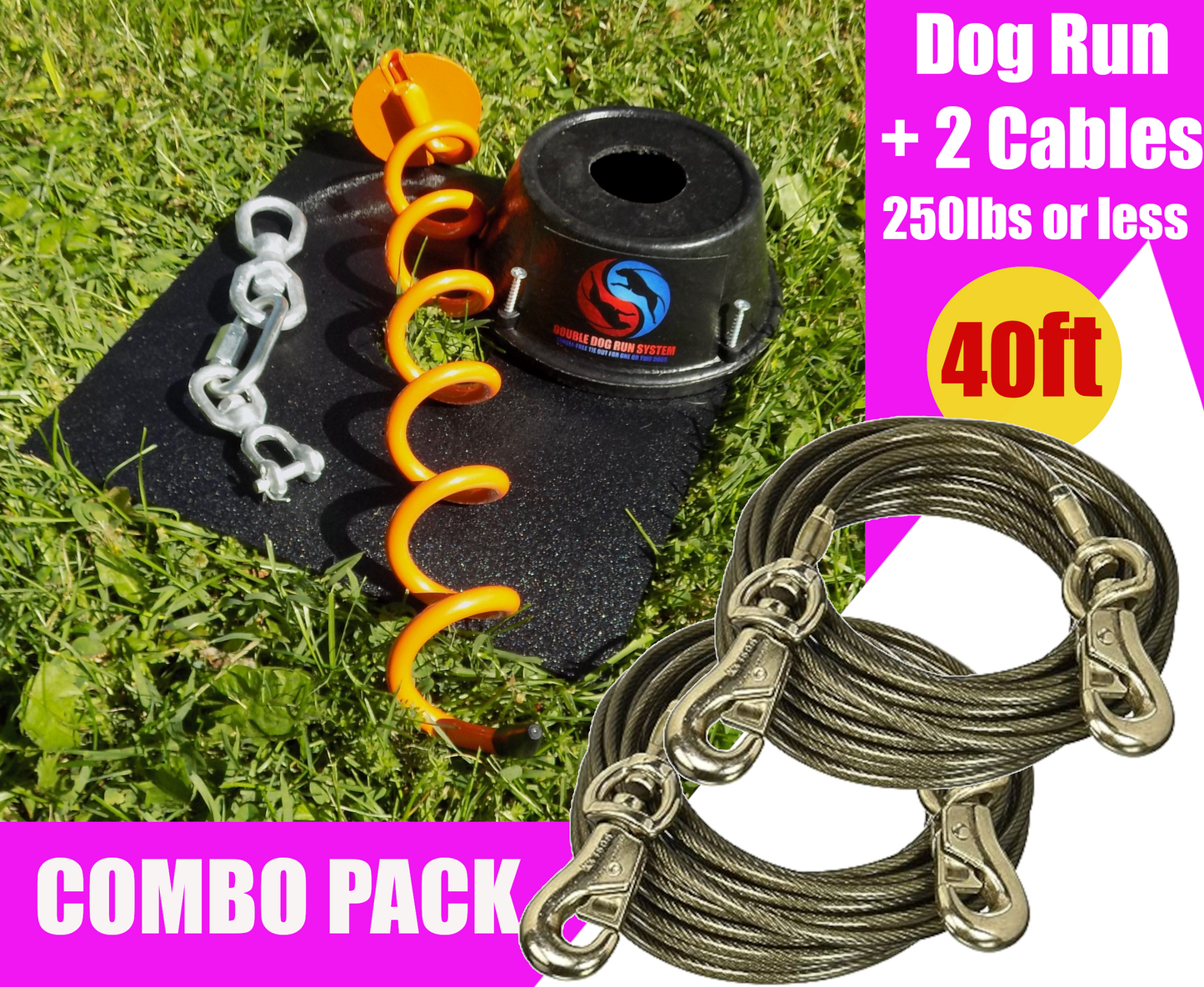Double Dog Run tangle-free two dog tie out stake and no tangle dog tie out with two dog tie out cables - 40ft