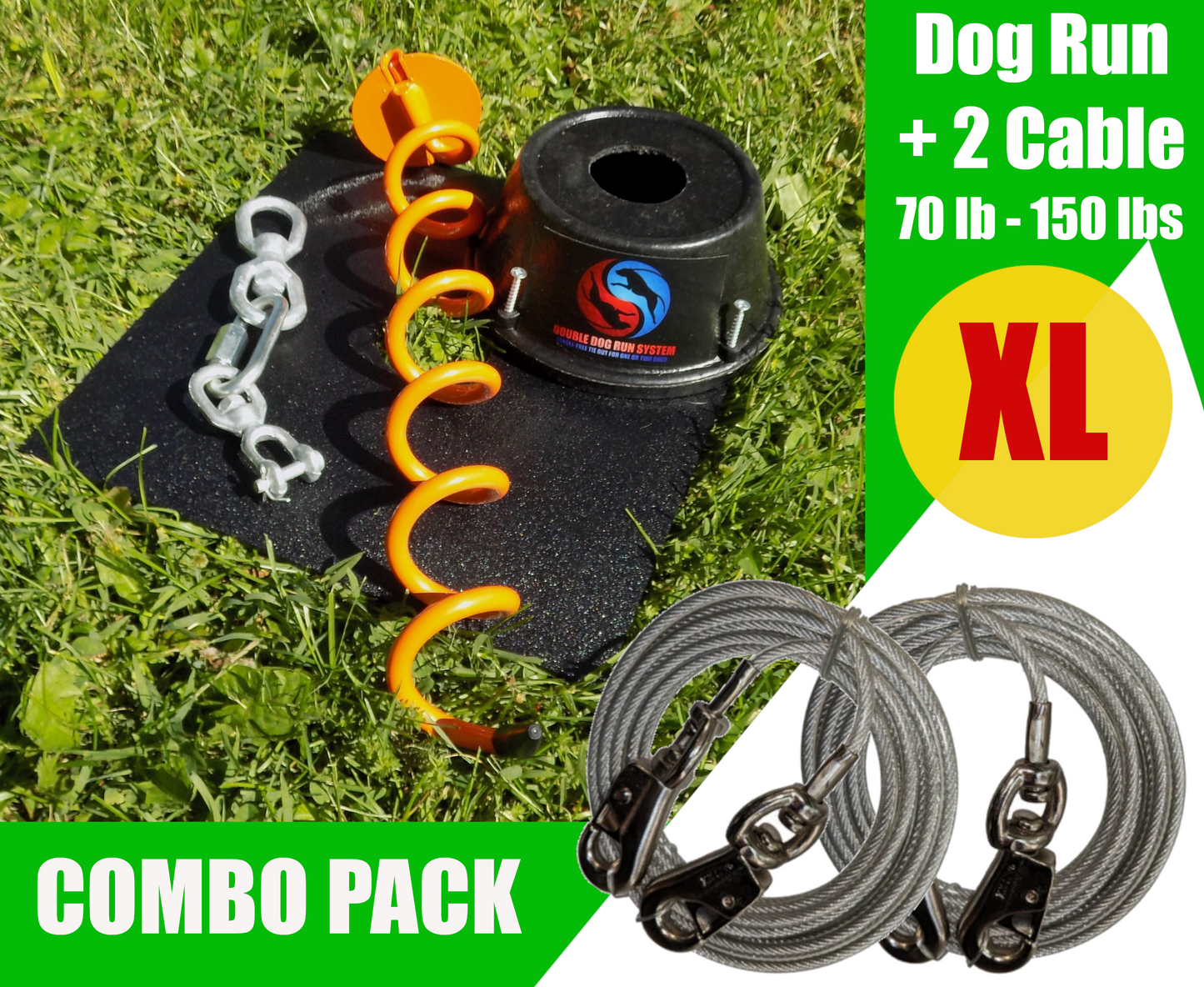 Heavy-duty dog tie out stake and two XL dog tie out cables- double dog run system tangle-free two dog tie out stake with cables