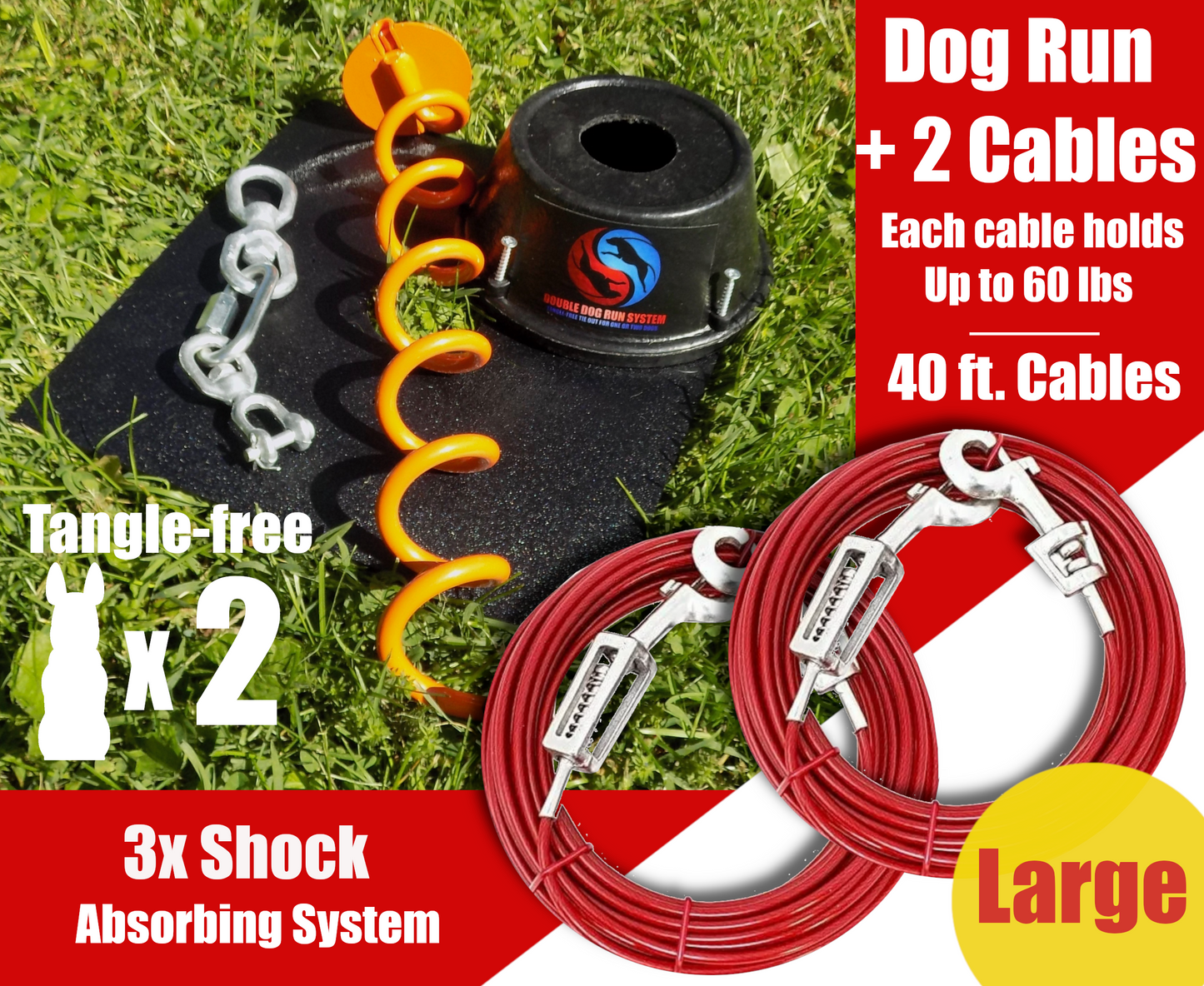 Tangle-free Dog Tie Out Stake and Two Cables with Spring - Large Dogs - Up to 60lbs