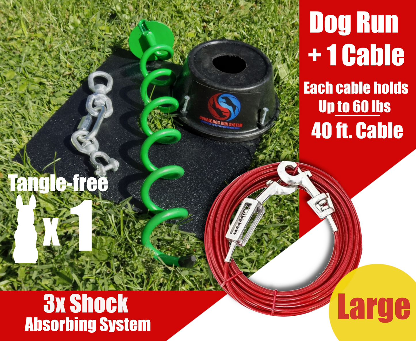 Large Dog Tie Out Stake and Cable with Shock Spring - 60lbs or Less - 15ft to 40ft