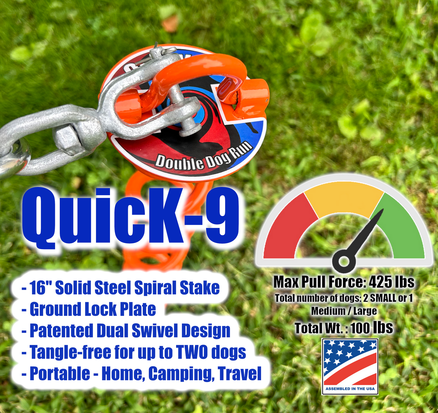 QuicK-9 - Dual Swivel Double Dog Tie Out - Up to 425lbs - 16" Heavy Duty Dog Tie Out