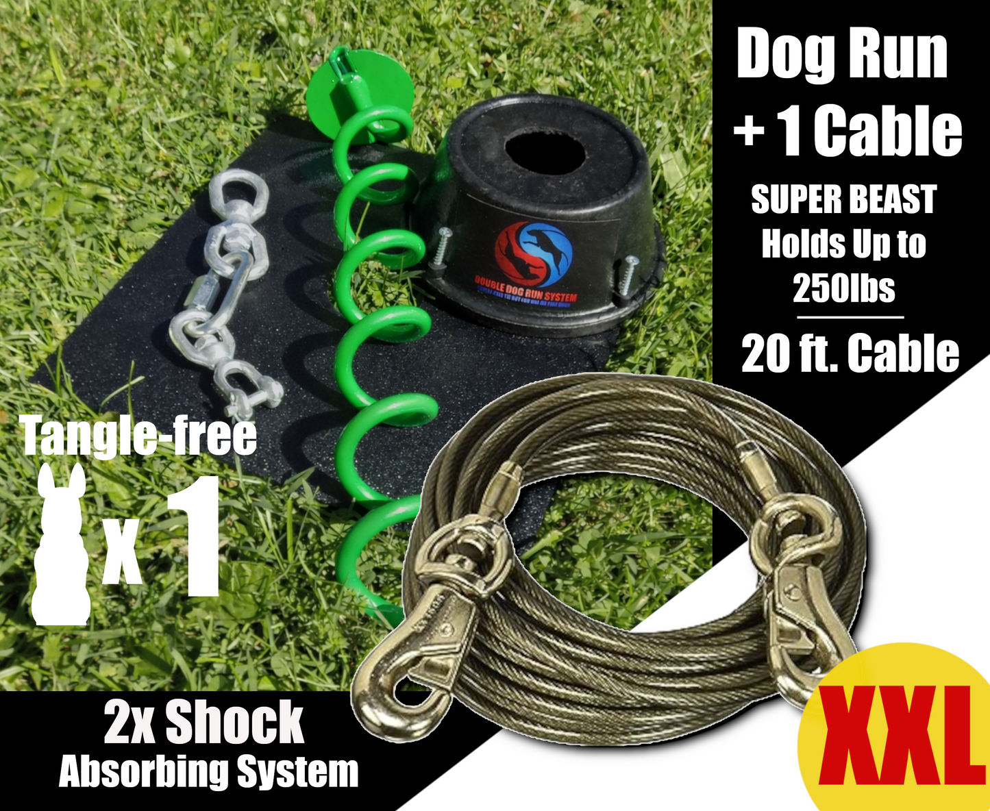 Double Dog Run Super Beast - Heavy Duty Dog Tie Out Stake and Cable - Up to 250lbs - Up to 40ft