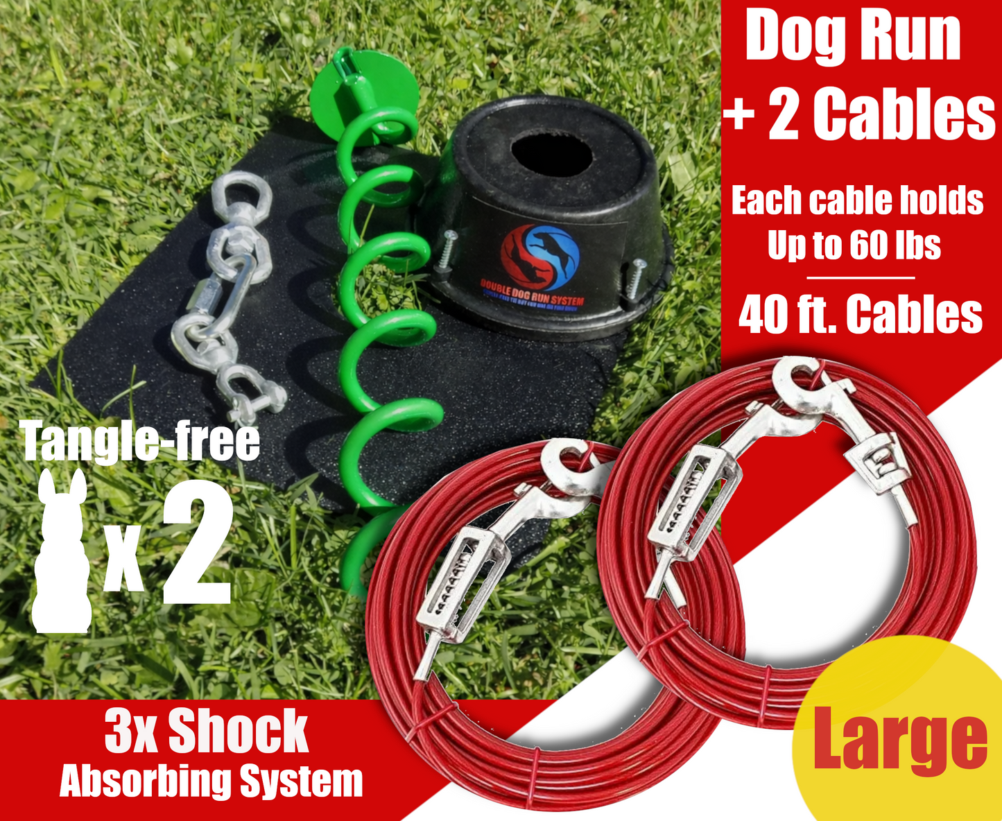 Tangle-free Dog Tie Out Stake and Two Cables with Spring - Large Dogs - Up to 60lbs