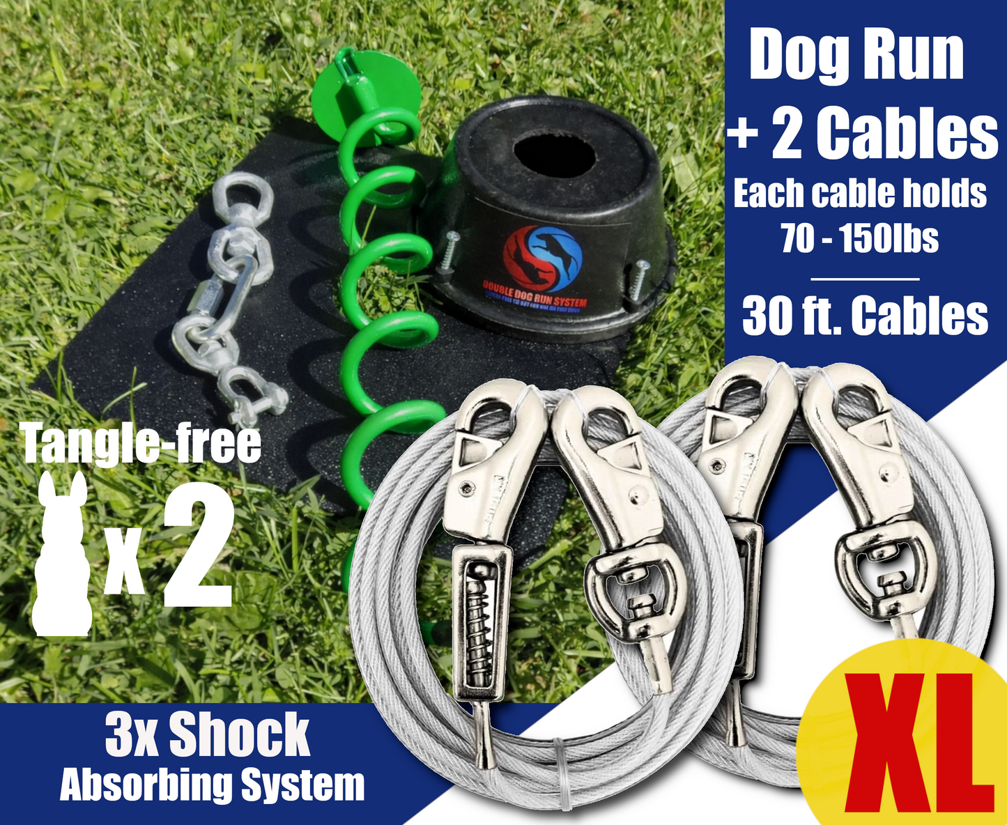 Heavy Duty Dog Tie Out Stake and Cables with Shock Spring for Two XL Dogs - 70lbs to 150lbs