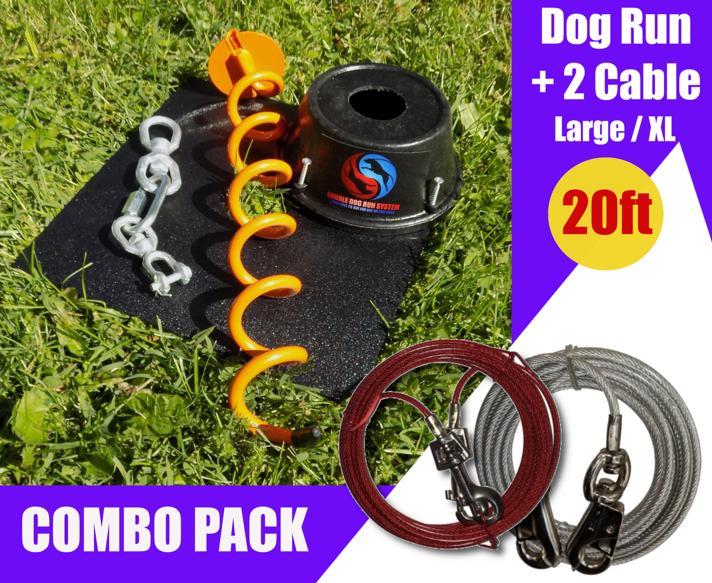 Double Dog Tie Out - Tangle-free for Two Dogs - Large / XL Combo Pack