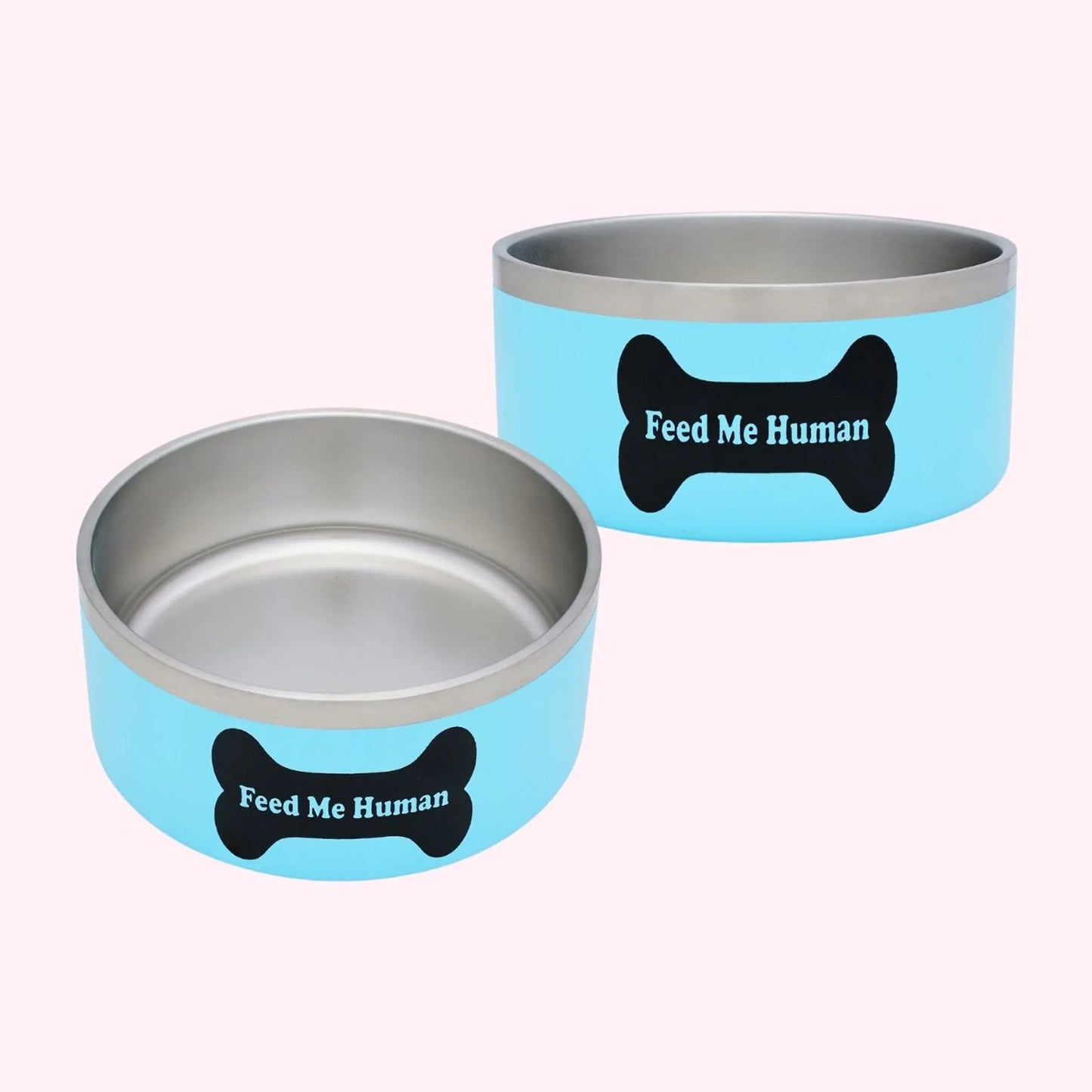 Funny Metal Dog Bowl - Feed Me Human - Blue - Non Slip Pet Food Bowl