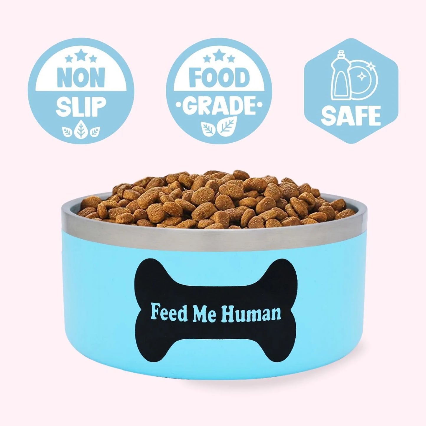 Funny Metal Dog Bowl - Feed Me Human - Blue - Non Slip Pet Food Bowl