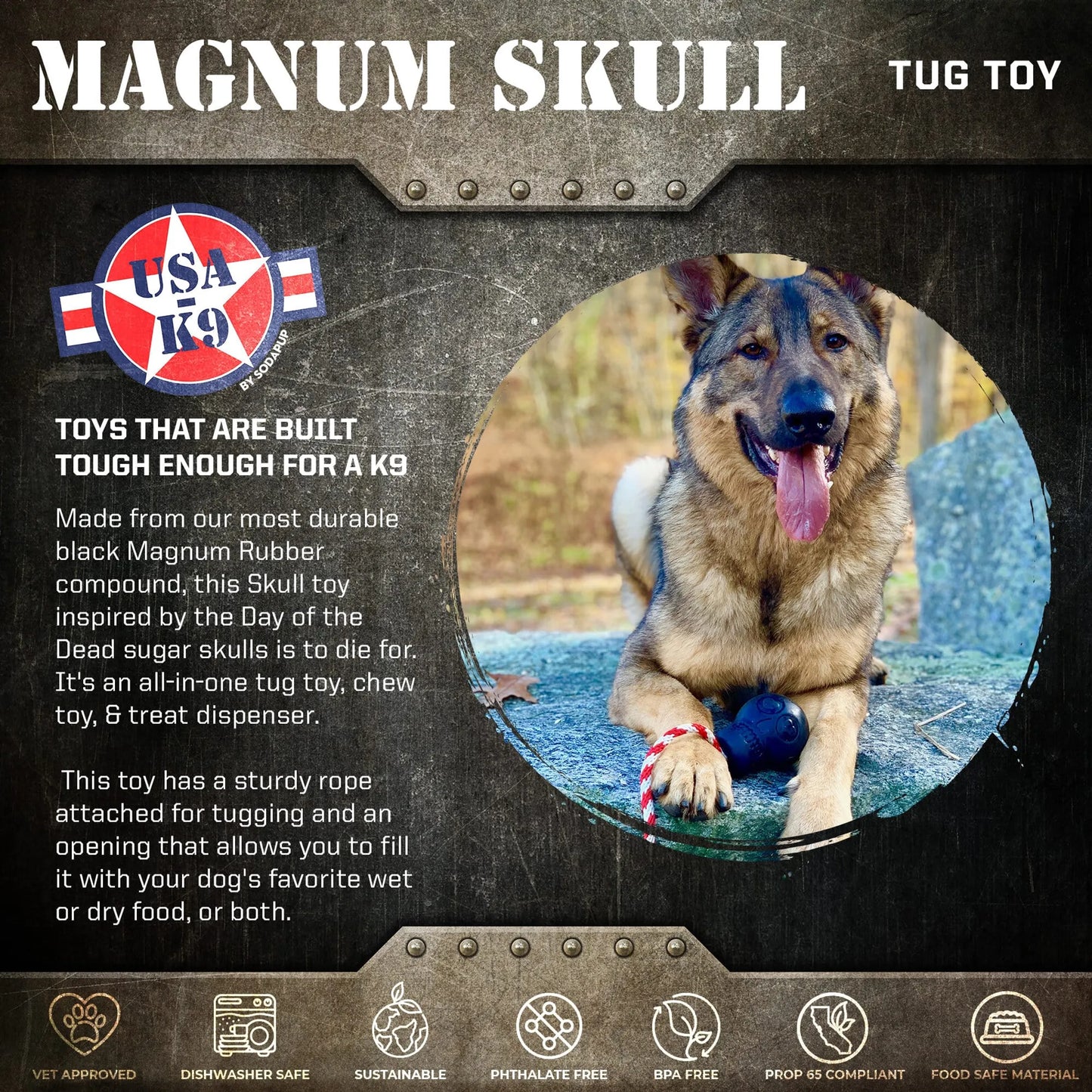 USA-K9 Skull Durable Rubber Chew Toy, Treat Dispenser, Reward Toy, Tug Toy, and Retrieving Toy