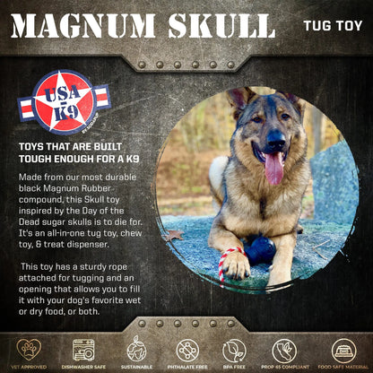 USA-K9 Skull Durable Rubber Chew Toy, Treat Dispenser, Reward Toy, Tug Toy, and Retrieving Toy
