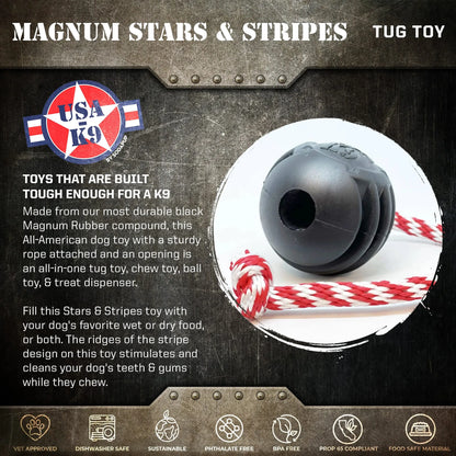 USA-K9 Magnum Black Stars and Stripes Ultra-Durable  Rubber Chew Toy, Reward Toy, Tug Toy, and Retrieving Toy