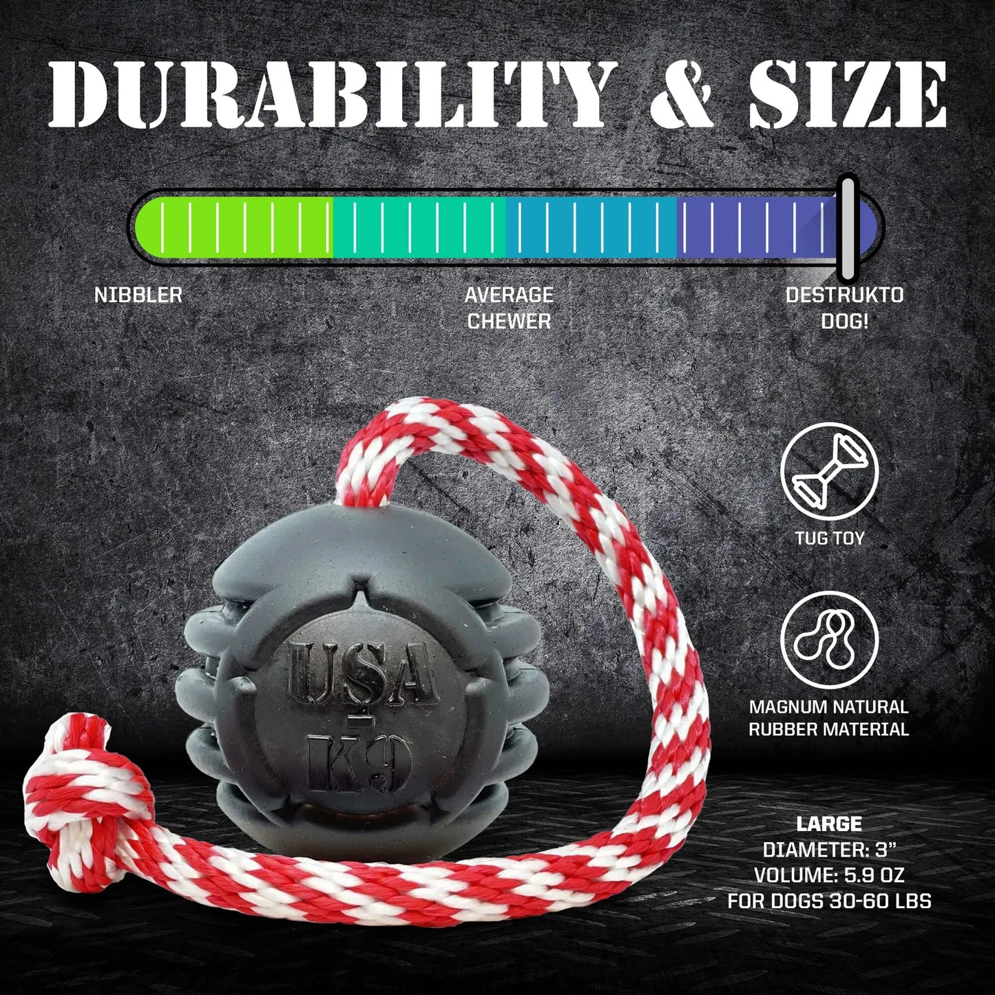 USA-K9 Magnum Black Stars and Stripes Ultra-Durable  Rubber Chew Toy, Reward Toy, Tug Toy, and Retrieving Toy