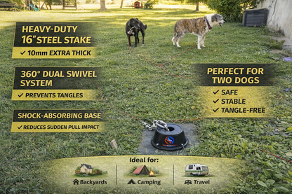 Double Dog Run Tangle-free Two Dog Tie Out Stake - Heavy Duty Dog Tie Out Stake - 1200lbs