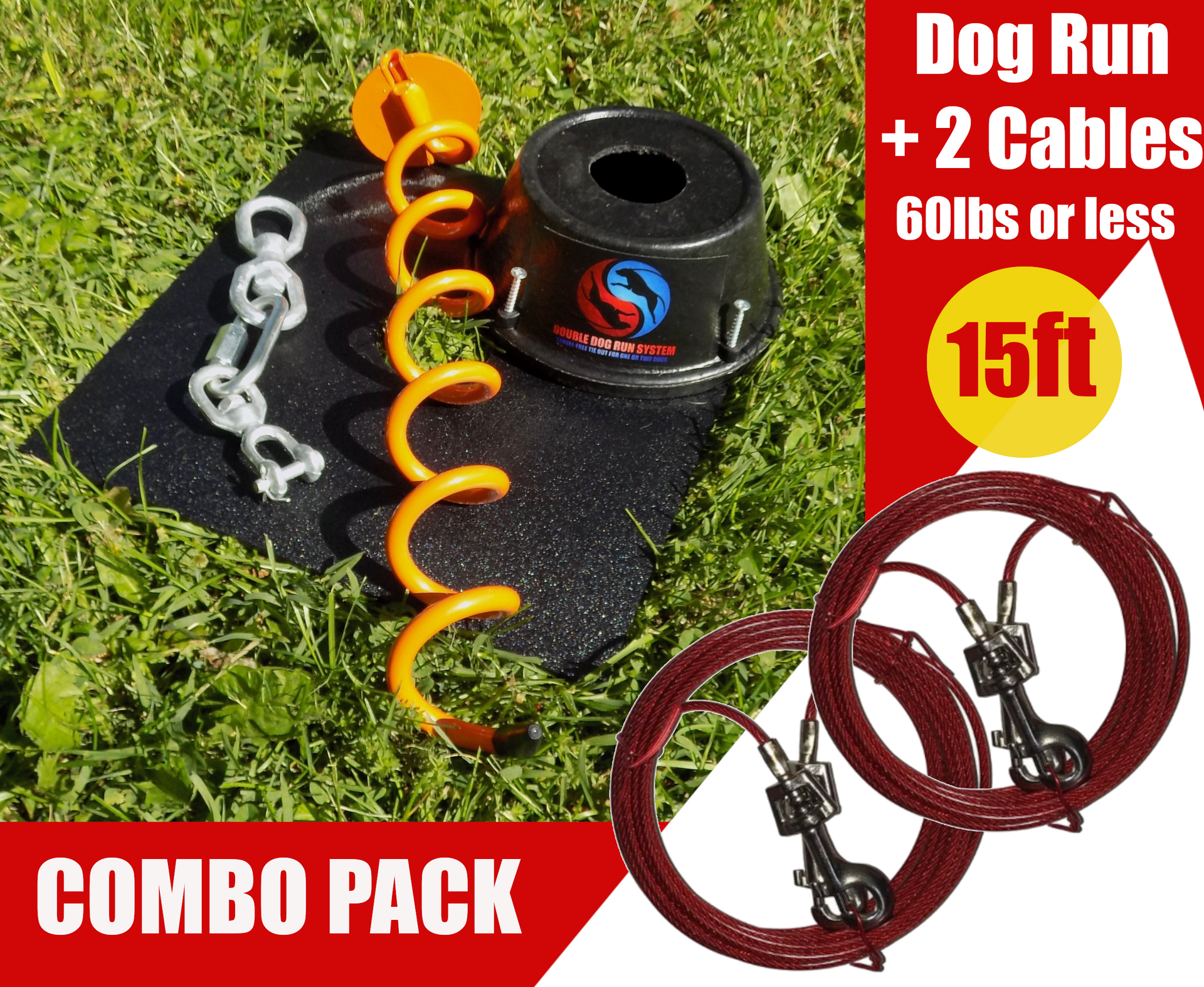 Dog Tie Out Stake with 15ft Cables Large Dogs 60lbs or Less Double Dog Run