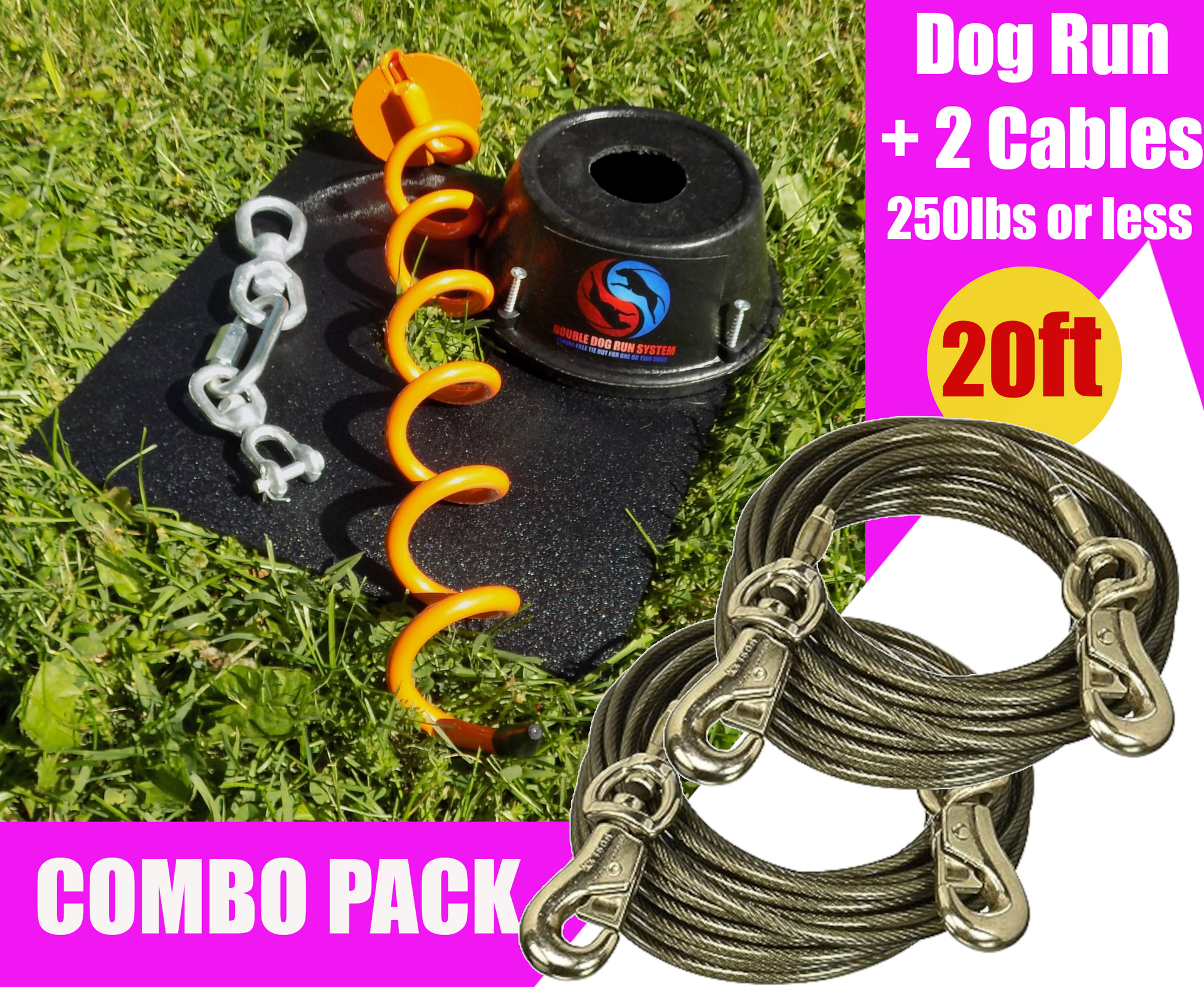 Super Heavy Duty Dog Tie Out Stake with 20ft Cables XXL Dogs 160lb Double Dog Run