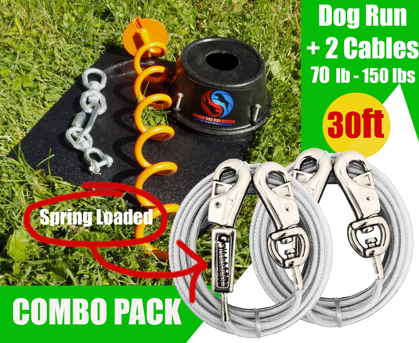 Heavy Duty Tie Out Stake and Cable Combo Pack for Two XL Dogs - 70lbs to 150lbs