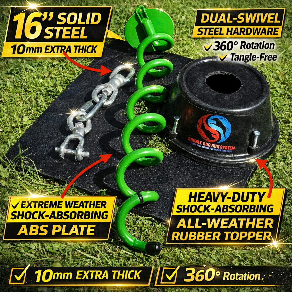 Large Dog Tie Out Stake and Cable with Shock Spring - 60lbs or Less - 15ft to 40ft