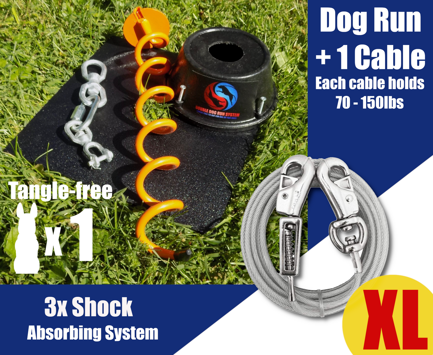 Heavy Duty Dog Tie Out Stake and Cable with Spring for XL Dog - 70lbs to 150lbs