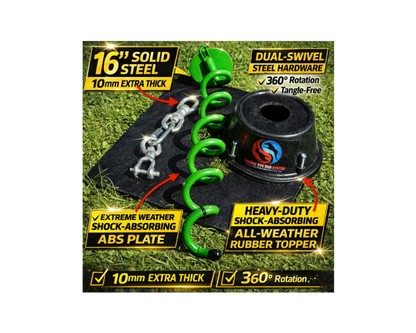 Heavy-duty anchor system with green chain and black base on grass background