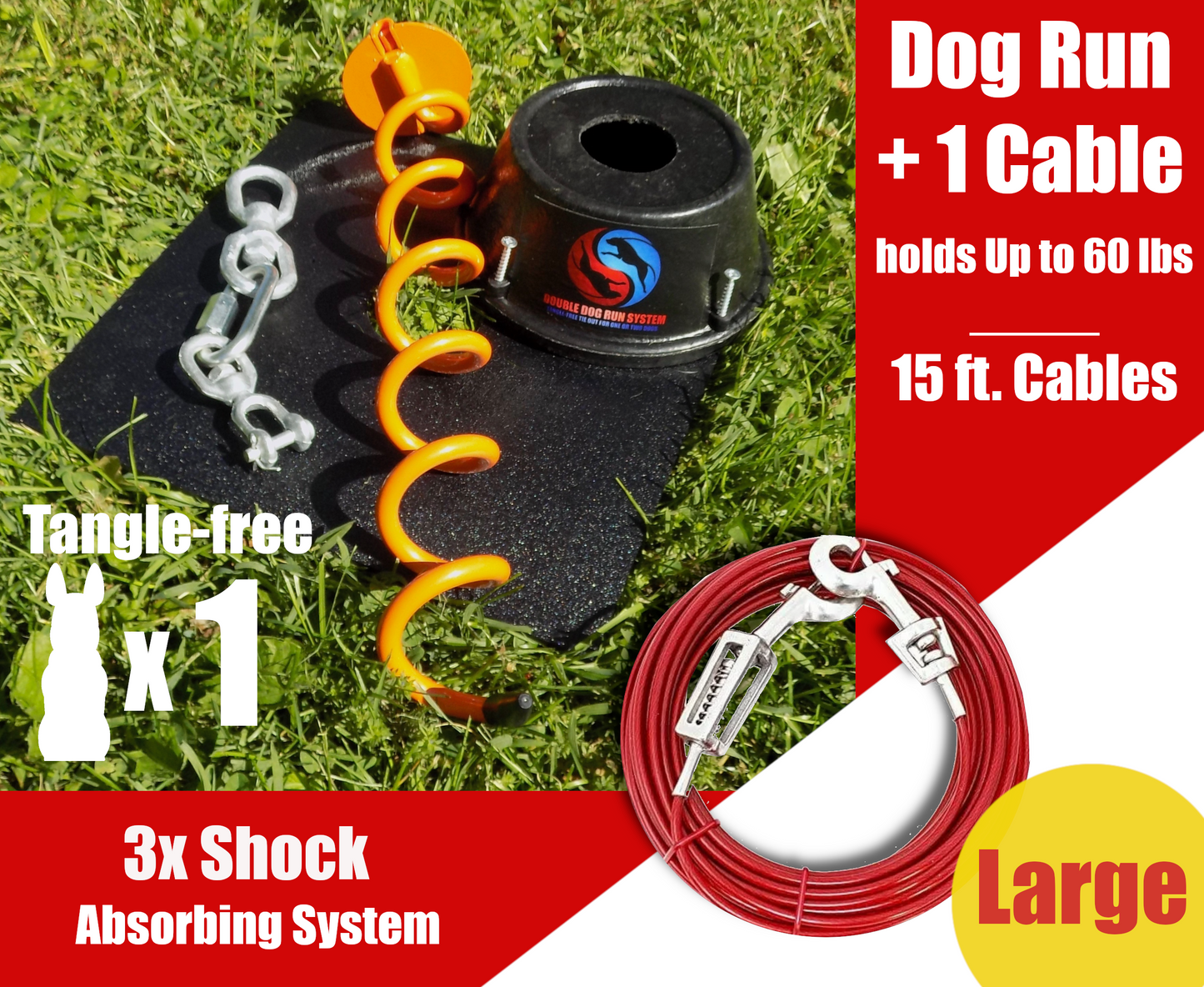 Large Dog Tie Out Stake and Cable with Spring - 60lbs or Less - 15ft to 40ft