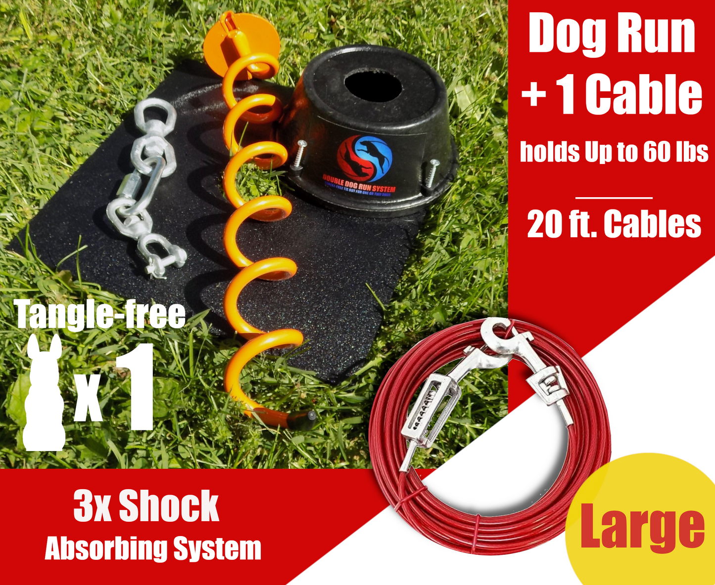 Large Dog Tie Out Stake and Cable with Spring - 60lbs or Less - 15ft to 40ft