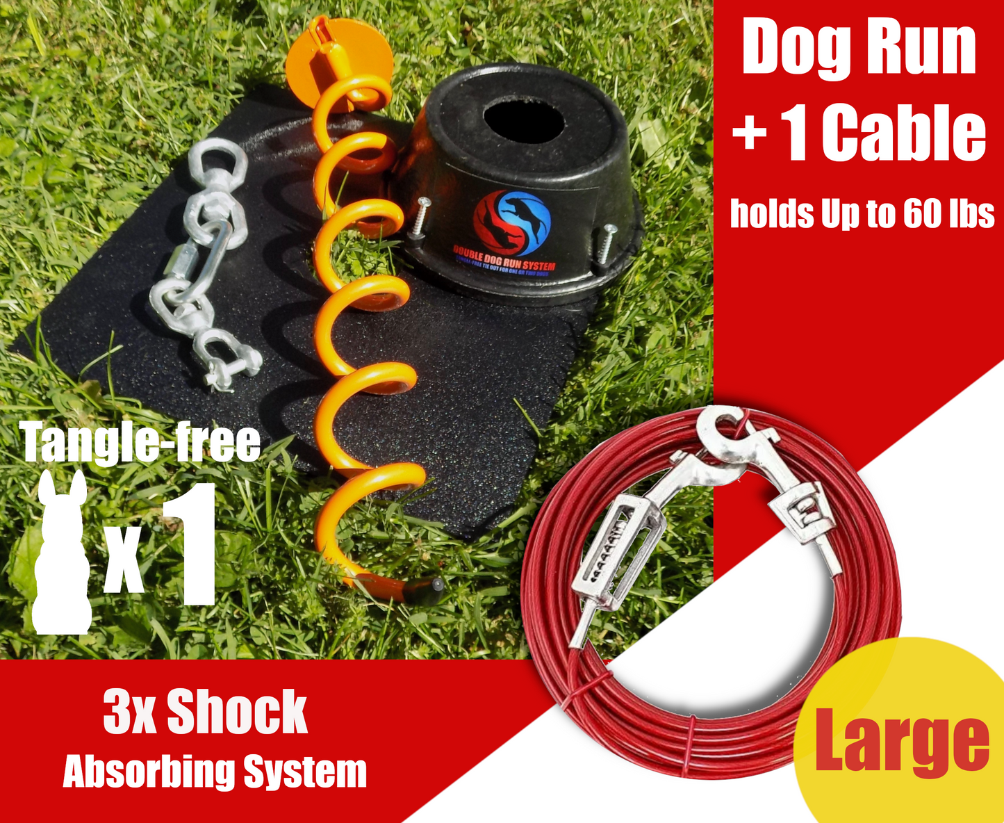 Large Dog Tie Out Stake and Cable with Spring - 60lbs or Less - 15ft to 40ft
