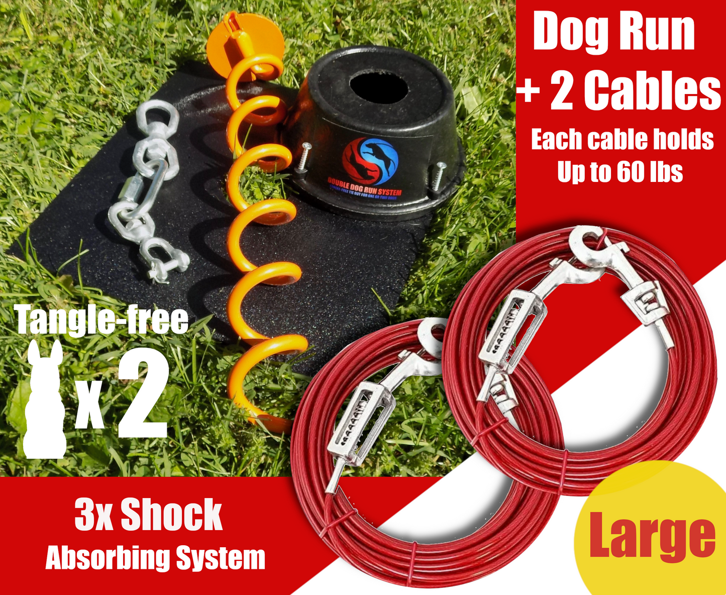 Tangle-free Dog Tie Out Stake and Two Cables with Spring - Large Dogs - Up to 60lbs