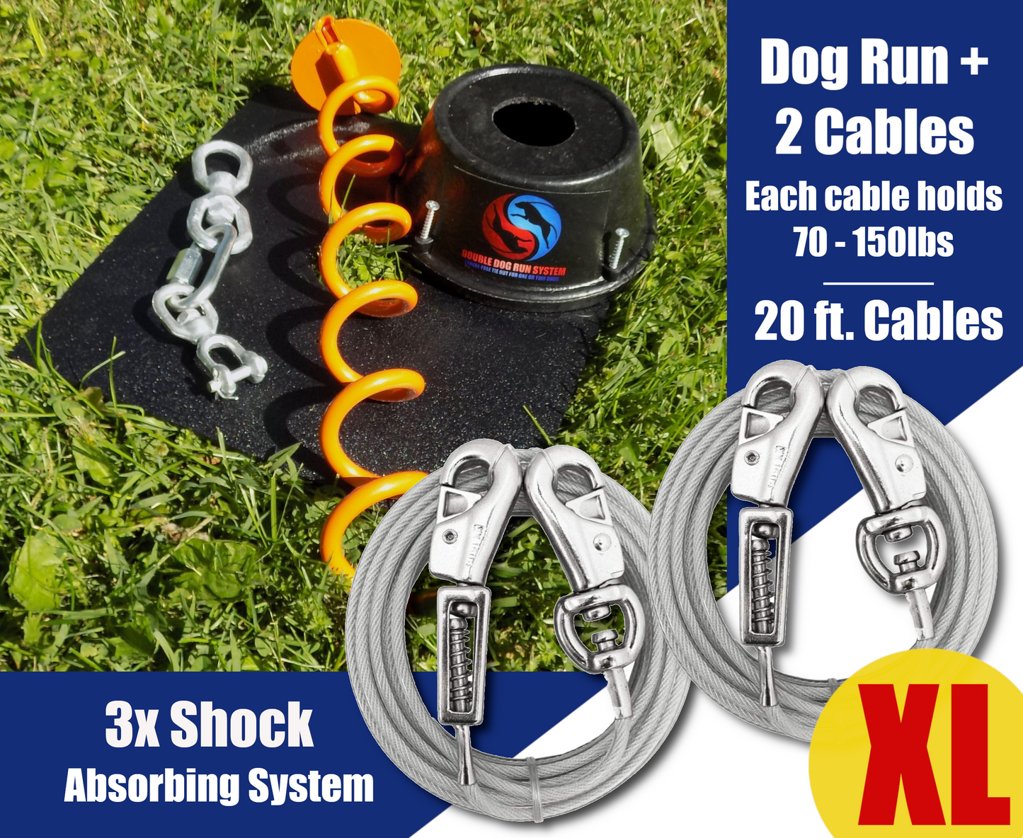 Heavy Duty Dog Tie Out Stake and Cables with Shock Spring for Two XL Dogs - 70lbs to 150lbs