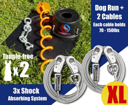 Heavy Duty Dog Tie Out Stake and Cables with Shock Spring for Two XL Dogs - 70lbs to 150lbs