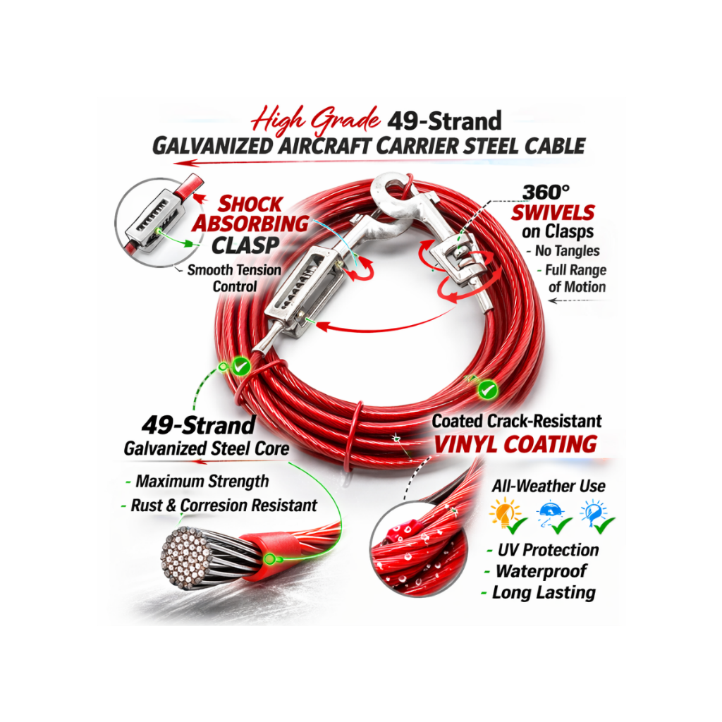 Large Dog Tie Out Stake and Cable with Shock Spring - 60lbs or Less - 15ft to 40ft