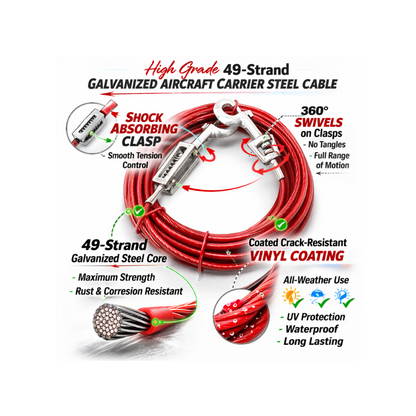 Large Dog Tie Out Stake and Cable with Shock Spring - 60lbs or Less - 15ft to 40ft