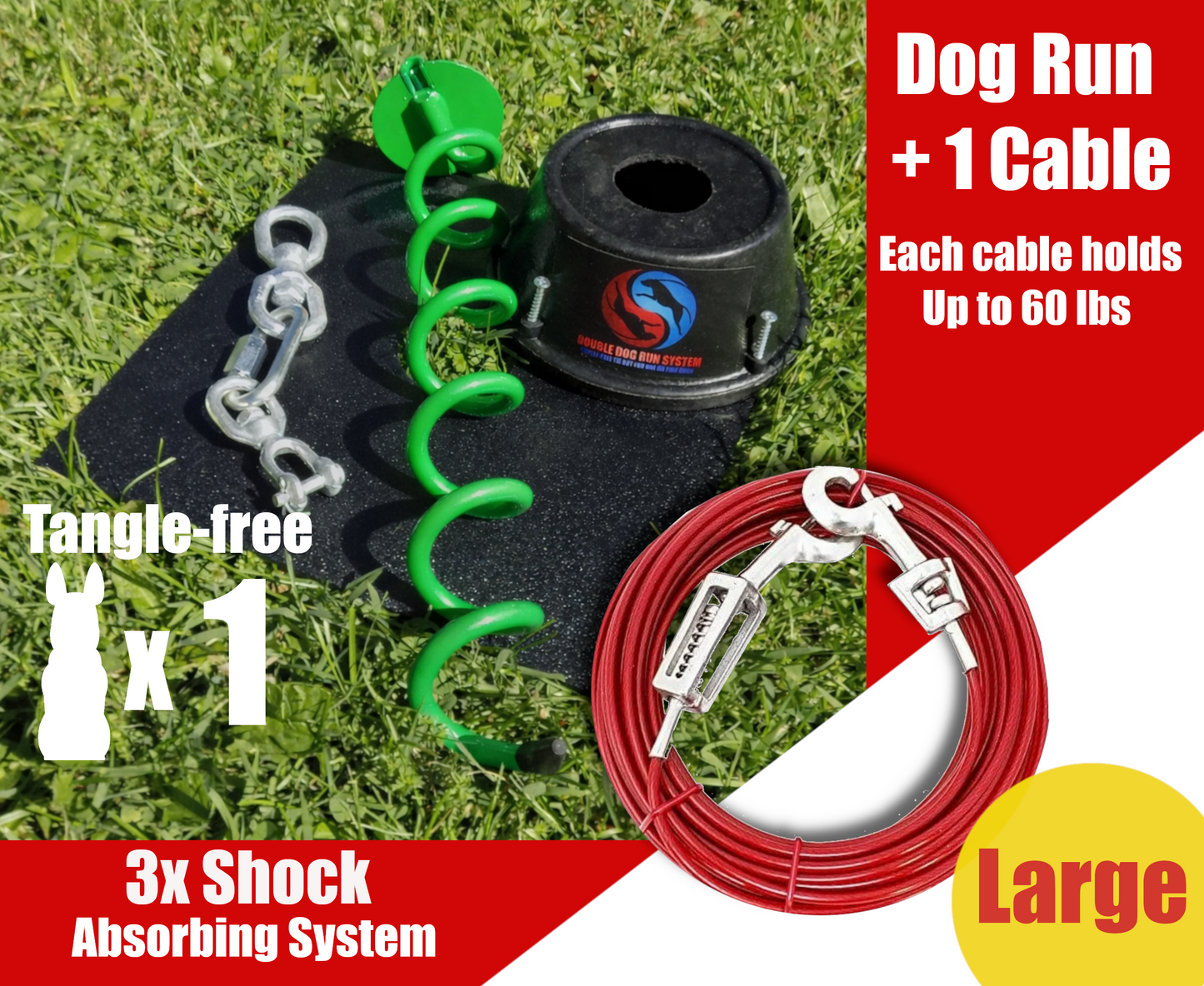 Large Dog Tie Out Stake and Cable with Shock Spring - 60lbs or Less - 15ft to 40ft