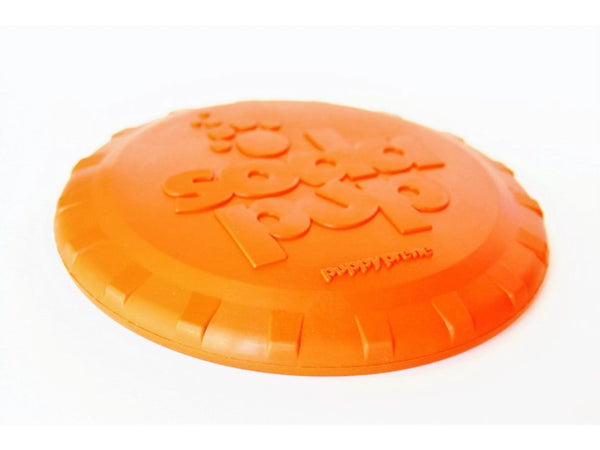 Orange dog Frisbee with SodaPup logo, rubber dog Frisbee