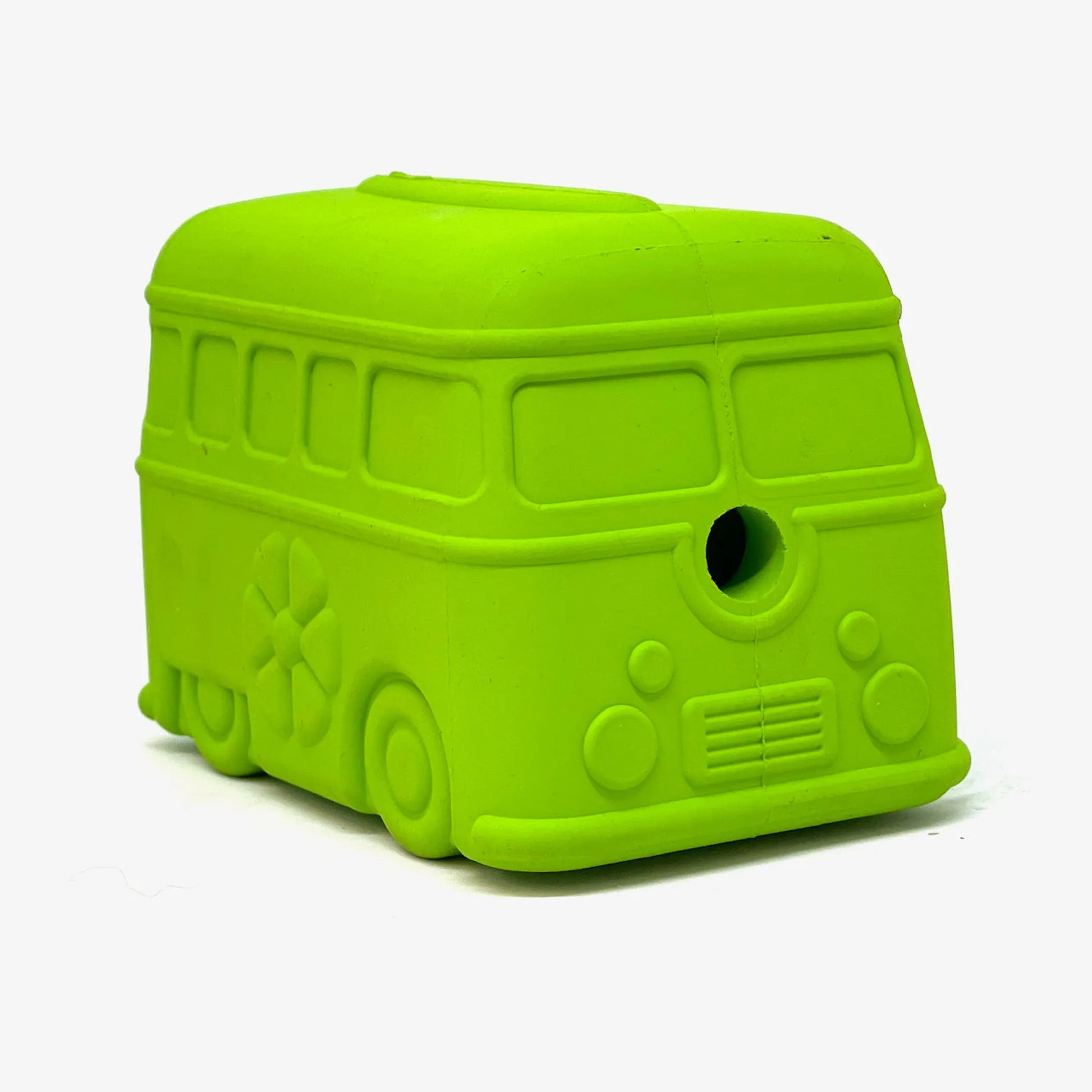 Sodapup Green Camper Van Chew Toy and treat dispenser on a white background