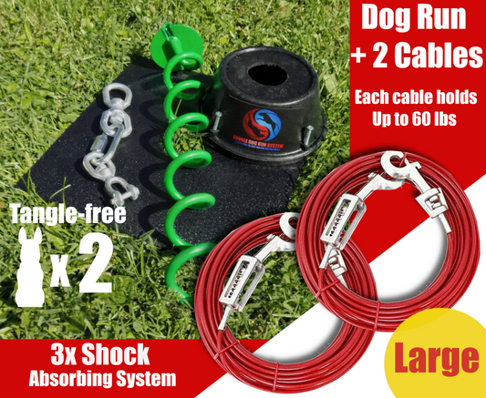 Tangle-free Dog Tie Out Stake and Two Cables with Spring - Large Dogs - Up to 60lbs