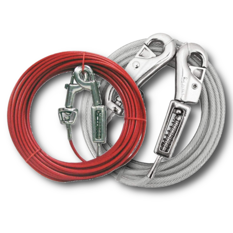 Red and silver dog tie out cables with shock spring and clamps on a white background