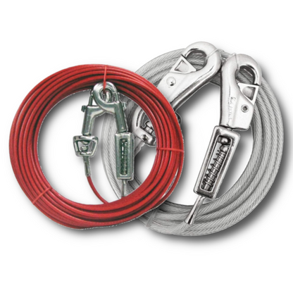 Red and silver dog tie out cables with shock spring and clamps on a white background