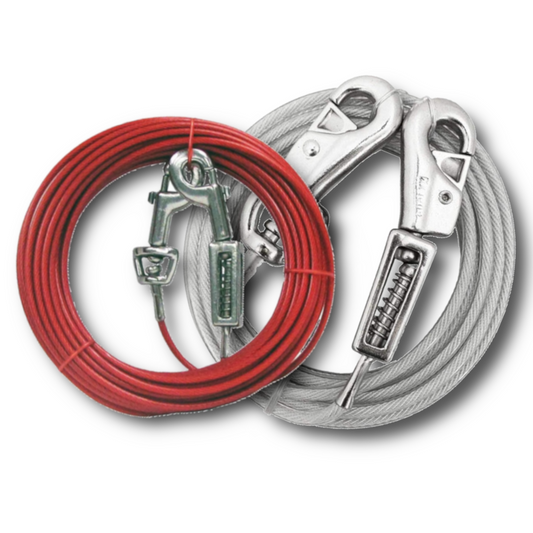 Red and silver dog tie out cables with shock spring and clamps on a white background