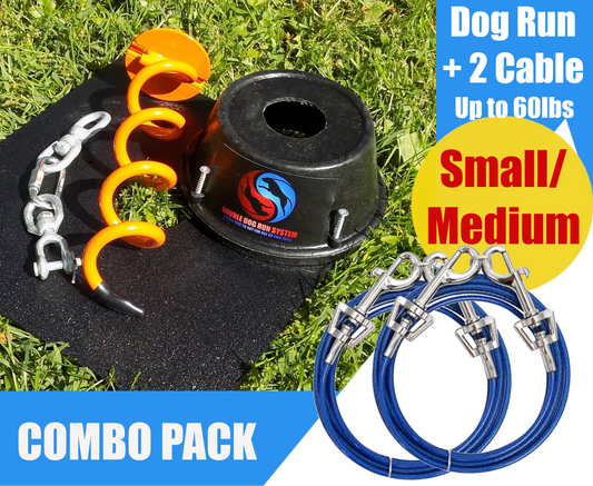 Tangle-free small dog tie out stake with two dog cables 